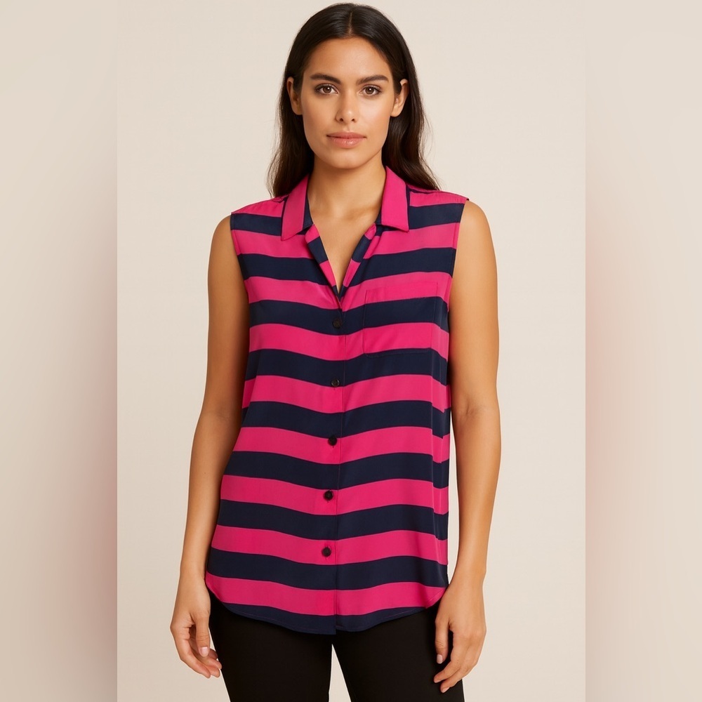 Equipment 100% Silk Hot Pink and Navy Striped sleeveless Blouse Oversized size S